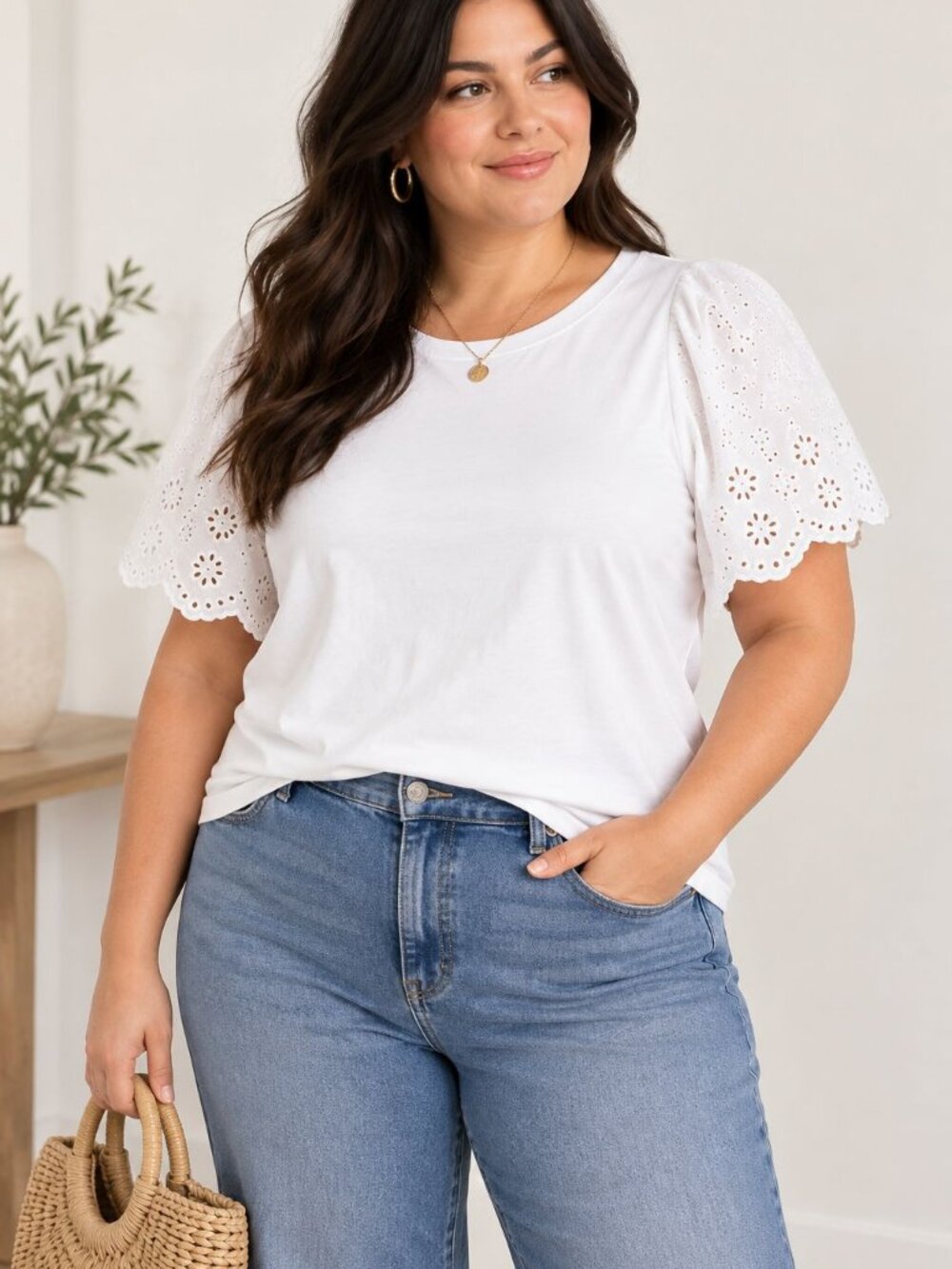 Talbots Plus 2X White Eyelet Puff Sleeve Cotton Top Coastal Feminine